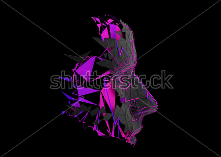 Постер Яркий объёмный профиль человека из треугольников пурпурного и серого цвета на чёрном фоне  