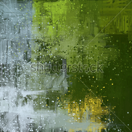 Картина Композиция с линиями и брызгами в оттенках зелёного и серого цвета с ярким цветовым акцентом жёлтого 