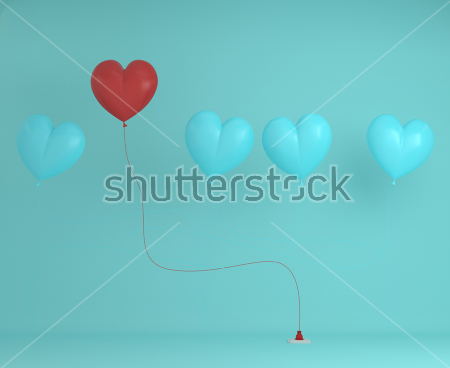 Картина Красное горячее сердце, подключённое к сети, среди холодных голубых сердец на голубом фоне 