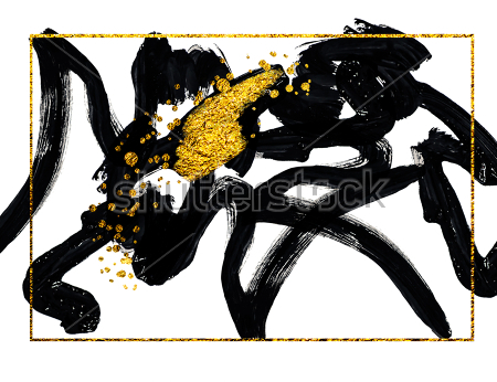 Картина Чёрные динамичные мазки и линии с золотыми пятнами в тонкой золотой раме 