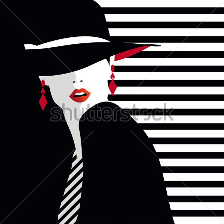 Картина Иллюстрация девушки в чёрной шляпе на чёрном фоне с белыми полосами 