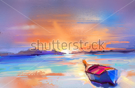 Картина Золотой закат и лодочка на берегу моря 