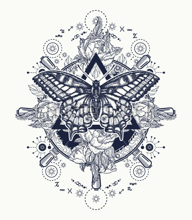 Картина маслом Коллаж с бабочкой, штурвалом, цветами, знаками зодиака и геометрическими фигурами 