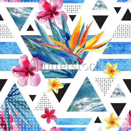 Картина маслом Яркий коллаж с геометрическими фигурами, различными текстурами и яркими тропическими цветами 