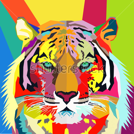 Картина Яркий красочный коллаж с портретом тигра на фоне разноцветных геометрических фигур 