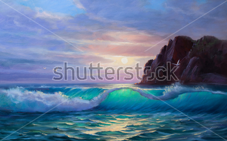 Картина Морской пейзаж с красивыми волнами на фоне закатного неба 