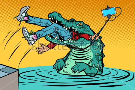Картина маслом Неудачное селфи с крокодилом - яркая красочная иллюстрация 