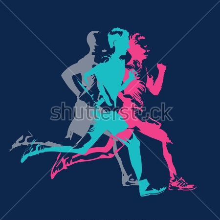 Картина Яркая композиция из трёх силуэтов бегунов в движении на синем фоне 