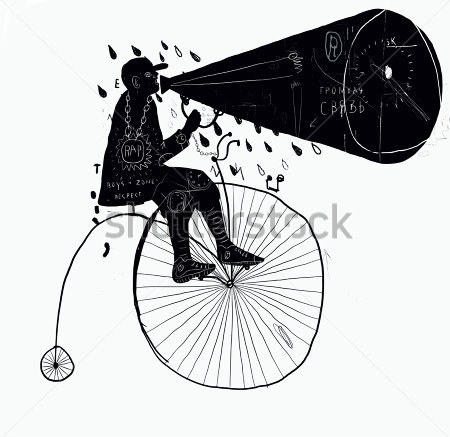 Постер Чёрно-белая иллюстрация человека с мегафоном на старинном велосипеде   