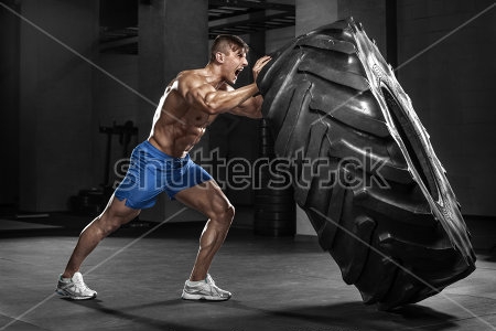 Картина Красивый мускулистый мужчина поднимает большую тяжёлую шину в тренажёрном зале 