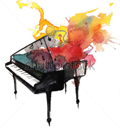 Картина Рояль в пожаре страстных звуков - разноцветные акварельные пятна и кляксы вытекают из-под крышки рояля 