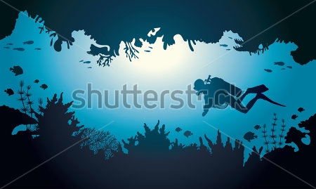 Картина Дайвер плывёт в морской пещере с кораллами и рыбками 
