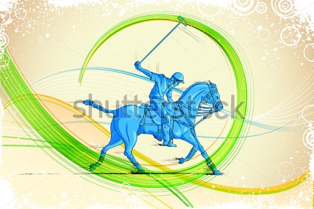 Картина Красочный яркий коллаж с игроком конного поло синего цвета на фоне разноцветных волнистых линий 