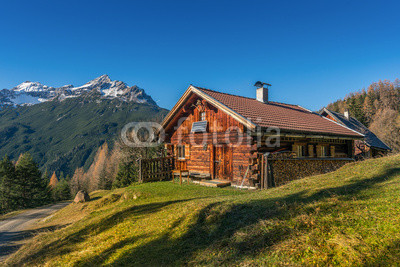 Постер Старый деревянный домик хижина в Альпах  