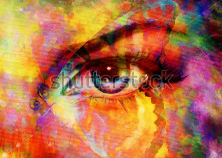 Картина Яркая красочная композиция с выразительным глазом на фоне акварельных пятен, размывов и геометрических элементов 