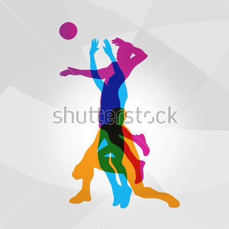 Картина Иллюстрация с разноцветными силуэтами  волейболистов в разных позах - три в одном 