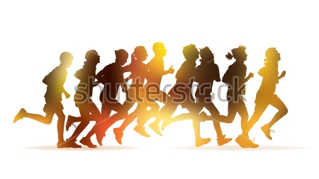 Постер Силуэт бегущей группы в солнечных бликах 