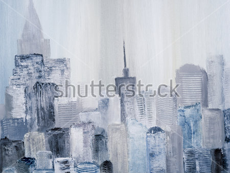 Картина Пейзаж с небоскрёбами большого города в хмурый серый день 