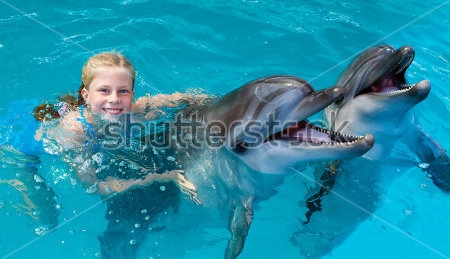 Картина Девочка плавает с дельфинами в бассейне 