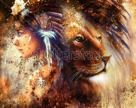 Картина Яркий красивый коллаж с головой льва, профилем красивой девушки в головном уборе из перьев  
