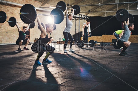 Картина Тренировка по тяжёлой атлетике - группа людей поднимает штанги 