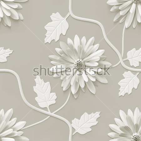 Картина Монохромная объёмная иллюстрация с цветами и ветвями хризантемы 