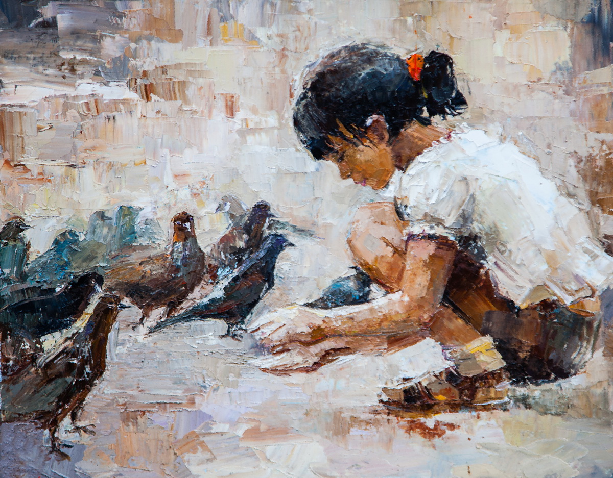 Картина Девочка кормит голубей 