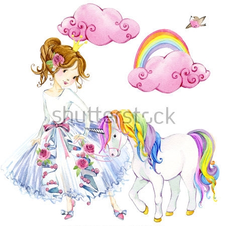 Картина Маленькая принцесса с единорогом на фоне розовых облаков и радуги 