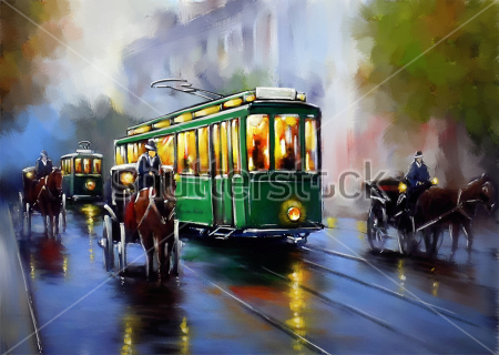 Картина Трамвай среди конных повозок на улице вечернего города 