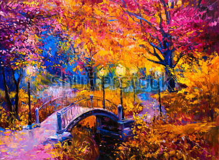 Картина Красивый осенний пейзаж - вечер в парке с мостиком и фонарями 