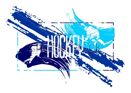 Картина Монохромный коллаж с хоккеистами, крупными мазками кисти, надписью и контуром прямоугольника в синих тонах 