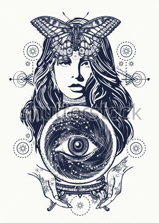 Картина Коллаж на тему мистики и магии со всевидящим оком в шаре, женщиной и бабочкой на фоне геометрической композиции 