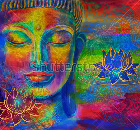Постер Яркий коллаж с лотосами и головой Будды на разноцветном фоне  