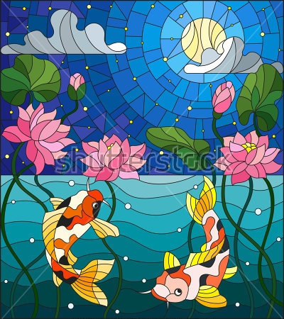 Картина маслом Иллюстрация в стиле витраж с рыбками и лотосами в пруду на фоне звёздного неба 