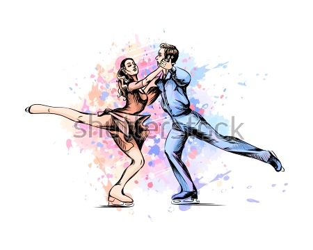 Картина Красочная иллюстрация с танцующей парой фигуристов на фоне разноцветных акварельных брызг и пятен 
