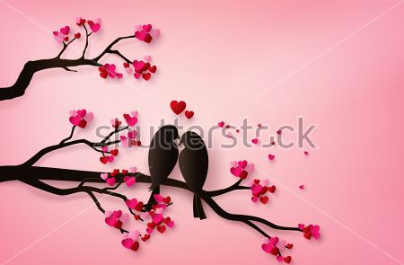 Картина Две птички сидят на ветке дерева с сердечками вместо листьев  