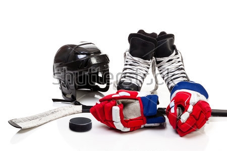 Картина Экипировка для игры в хоккей - шлем, коньки, перчатки, клюшка и шайба 