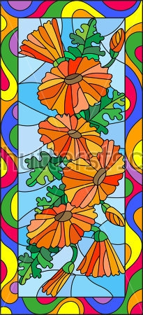 Картина Яркая иллюстрация оранжевой гирлянды цветов и бутонов календулы в витражном стиле на голубом фоне 