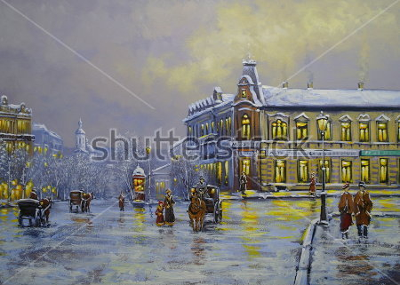 Картина Зимний вечер на улицах старого города 