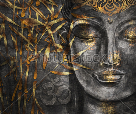 Картина маслом Коллаж с лицом спящего Будды и золотыми листьями 
