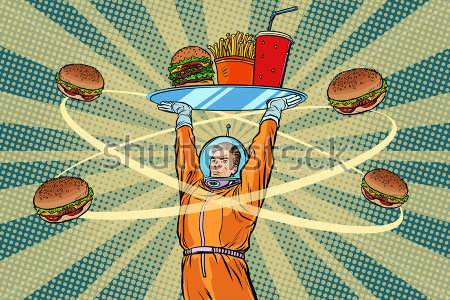 Картина Астронавт с подносом фастфуда и вращающимися как планеты бургерами 