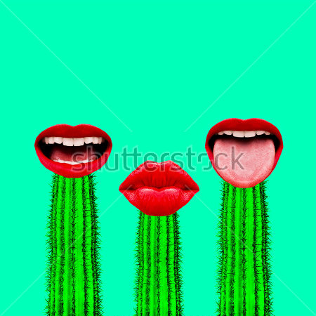 Картина Яркий коллаж с зелёными колючими кактусами и красными ртами на салатовом фоне 