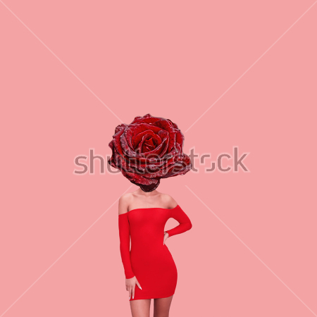Картина Прекрасная девушка-роза в алом платье на розовом фоне 