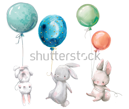 Картина Маленькие зайчики летают на разноцветных воздушных шариках 