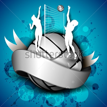 Картина Красивый коллаж из белых атрибутов игры в волейбол, силуэтов двух девушек и размытых кругов на синем фоне 