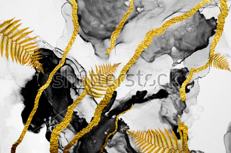 Картина Контрастное сочетание оттенков серого и молочного цветами с золотыми нитями и листьями 