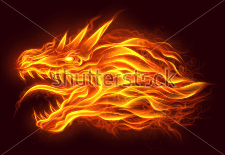 Постер Огненная голова дракона на чёрном фоне  