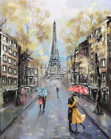 Картина Прохожие с зонтиками на осенней улице Парижа с видом на Эйфелеву башню 