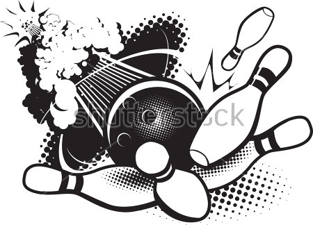 Картина Монохромная иллюстрация с кеглями и летящим на большой скорости шаром для боулинга 
