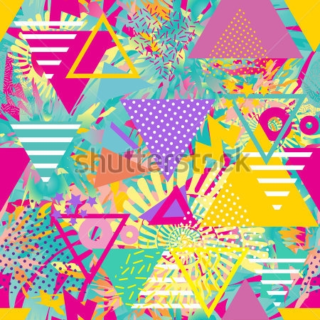 Постер Яркий сочный коллаж из разноцветных треугольников и других фигур на голубом фоне  